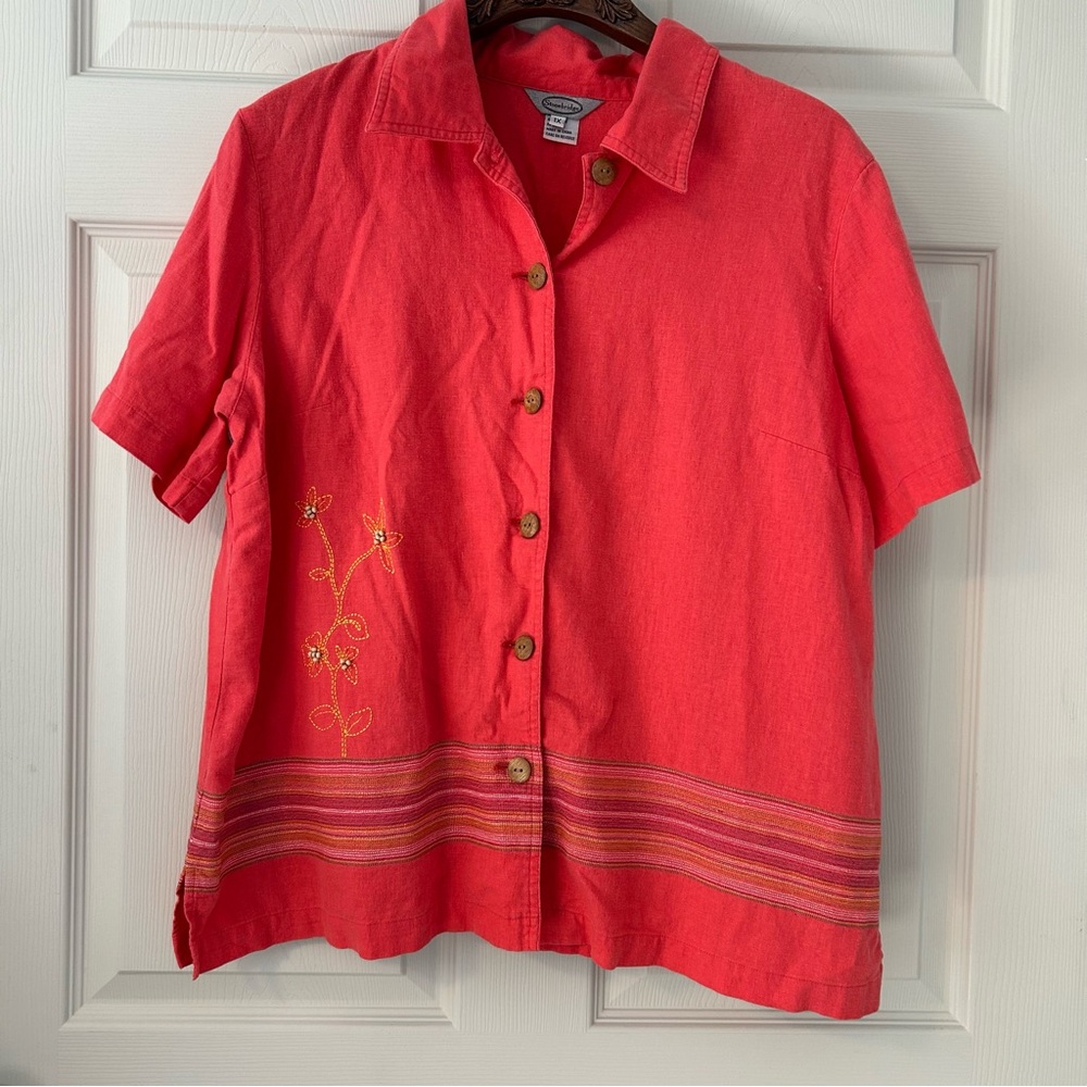 Stone ridge Size 1X pink/orange Button-Up linen blend Shirt with Embroidery